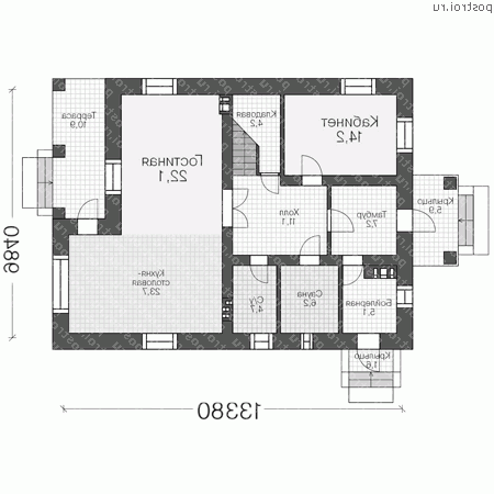 V-192-1P проект двухэтажного коттеджа из пенобетона размером 13 на 10  - 1-й этаж