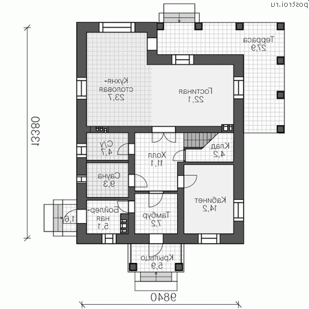 V-192-2P проект двухэтажного коттеджа из пенобетона размером 9 на 13 - 1-й этаж