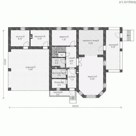 V-215-1P проект двухэтажного дома из пенобетона с гаражом размером 12 на 20  - 1-й этаж