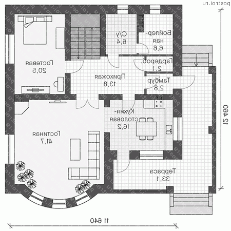 V-220-1K проект двухэтажного коттеджа из кирпича размером 12 на 12  - 1-й этаж