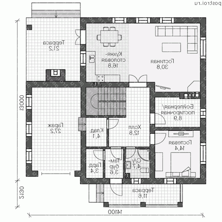 V-226-1P проект двухэтажного коттеджа из газобетона с гаражом размером 15 на 14  - 1-й этаж