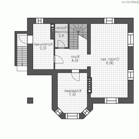 V-243-1K проект двухэтажного дома из кирпича с цоколем размером 11 на 11 - цоколь V-243-1K проект двухэтажного дома из кирпича с цоколем размером 11 на 11 - цоколь