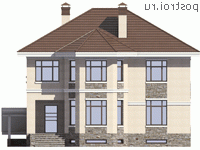 V-243-1K проект двухэтажного дома из кирпича с цоколем размером 11 на 11 - вид спереди V-243-1K проект двухэтажного дома из кирпича с цоколем размером 11 на 11 - вид спереди