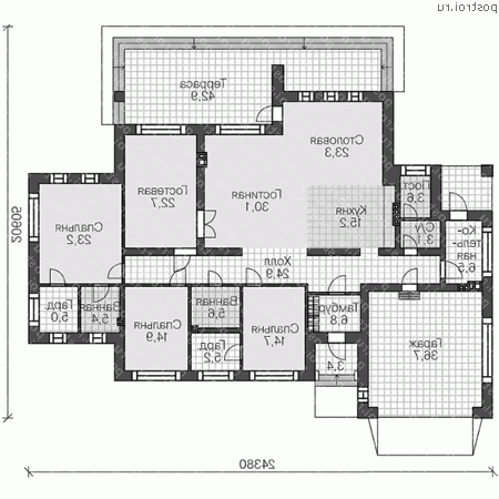 V-246-1K проект одноэтажного дома из кирпича с гаражом размером 21 на 24  - 1-й этаж