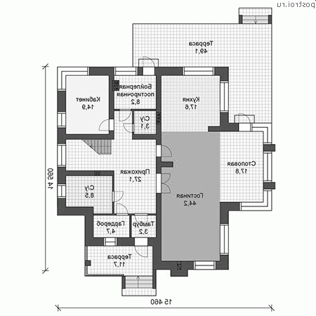 V-270-1P проект двухэтажного дома из пеноблоков размером 16 на 15  - 1-й этаж