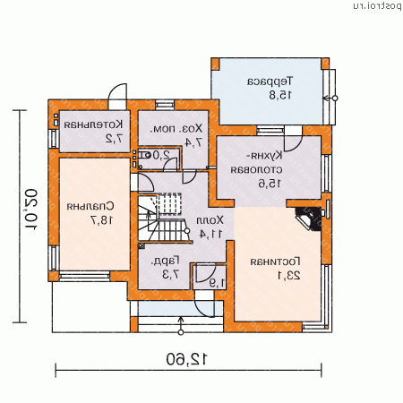 W-194-2P проект двухэтажного коттеджа из пенобетона размером 14 на 13  - 1-й этаж