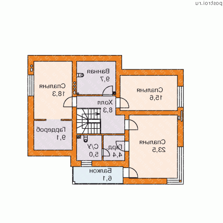 W-194-2P проект двухэтажного коттеджа из пенобетона размером 14 на 13  - 2-й этаж