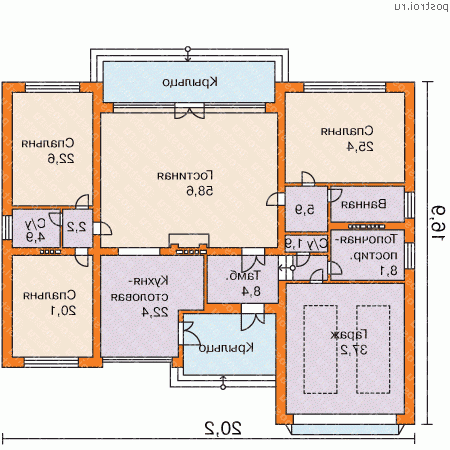 W-223-1K проект одноэтажного коттеджа из кирпича с гаражом размером 17 на 20  - 1-й этаж