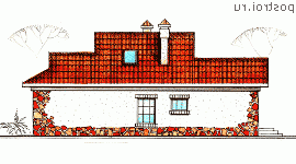 W-223-1K проект одноэтажного коттеджа из кирпича с гаражом размером 17 на 20  - вид слева