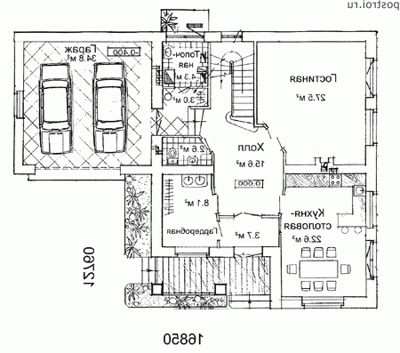 W-242-1K проект одноэтажного дома из кирпича с мансардой и гаражом размером 13 на 17  - 1-й этаж