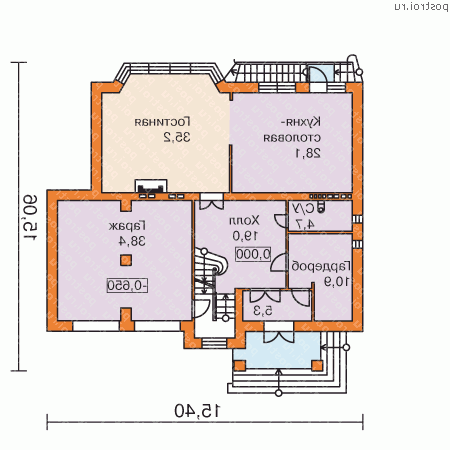 W-402-1K проект двухэтажного дома из кирпича с цоколем и гаражом размером 15 на 14  - 1-й этаж