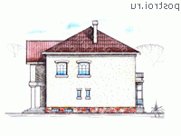 W-402-1K проект двухэтажного дома из кирпича с цоколем и гаражом размером 15 на 14  - вид слева