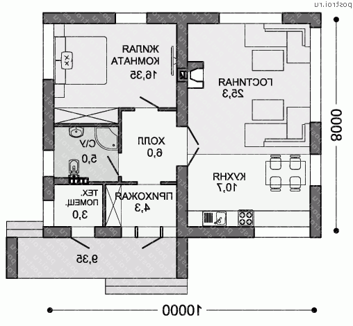 X-080-1P проект одноэтажного дома из пеноблока размером 10 на 8  - 1-й этаж