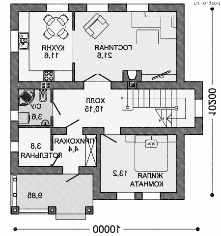 X-150-1P проект двухэтажного дома из газобетона размером 10 на 10  - 1-й этаж