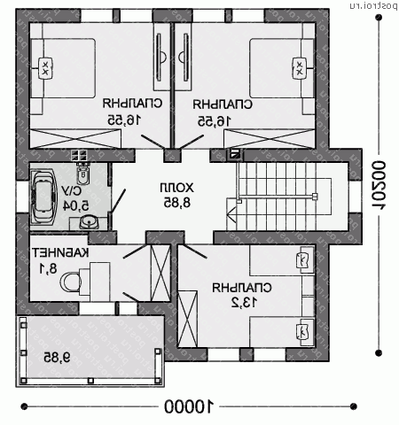 X-150-1P проект двухэтажного дома из газобетона размером 10 на 10  - 2-й этаж
