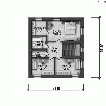 X-189-1P проект двухэтажного дома из пеноблоков с гаражом размером 13 на 16 - 2-й этаж