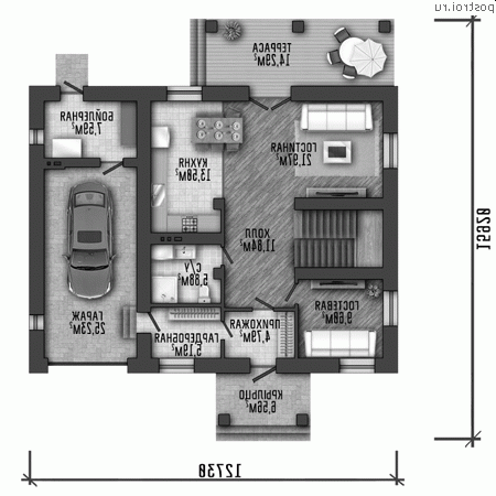 X-189-2P проект двухэтажного дома из пеноблоков с гаражом размером 13 на 16 - 1-й этаж X-189-2P проект двухэтажного дома из пеноблоков с гаражом размером 13 на 16 - 1-й этаж
