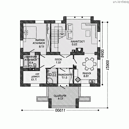 X-194-2P проект двухэтажного коттеджа из пенобетона размером 13 на 12  - 1-й этаж