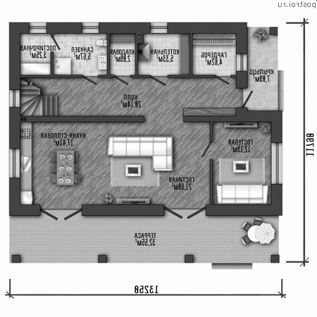X-205-1P проект двухэтажного дома из пенобетона размером 12 на 13 - 1-й этаж