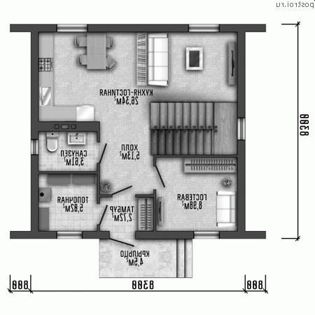 Y-105-1P проект двухэтажного коттеджа из пенобетона размером 10 на 8 - 1-й этаж