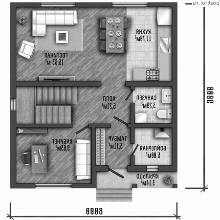 Y-107-1P проект двухэтажного коттеджа из пенобетона размером 8 на 9 - 1-й этаж