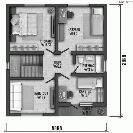 Y-107-1P проект двухэтажного коттеджа из пенобетона размером 8 на 9 - 2-й этаж