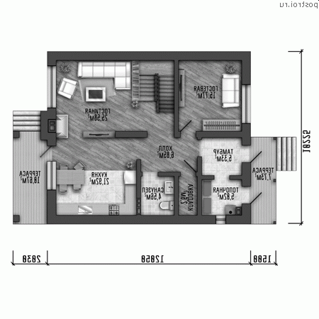 Y-108-1P проект двухэтажного коттеджа из пенобетона размером 8 на 9 - 1-й этаж