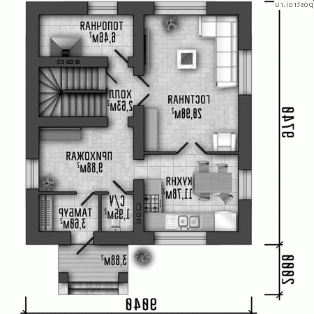 Y-116-1P проект двухэтажного коттеджа из пенобетона размером 9 на 10 - 1-й этаж Y-116-1P проект двухэтажного коттеджа из пенобетона размером 9 на 10 - 1-й этаж