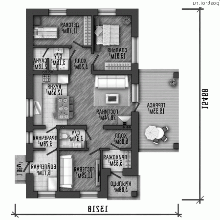 Y-127-1P проект одноэтажного коттеджа из газобетона размером 13 на 15 - 1-й этаж Y-127-1P проект одноэтажного коттеджа из газобетона размером 13 на 15 - 1-й этаж