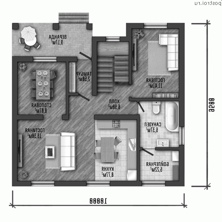 Y-130-1P проект двухэтажного дома из газобетона размером 10 на 10 - 1-й этаж
