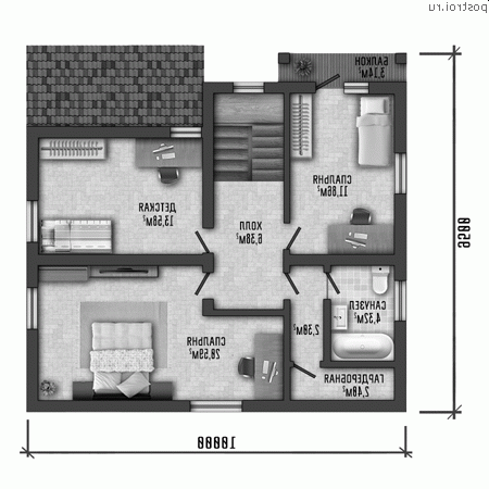 Y-130-1P проект двухэтажного дома из газобетона размером 10 на 10 - 2-й этаж