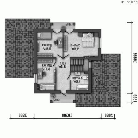 Y-144-1K проект двухэтажного дома из кирпича с гаражом размером 16 на 12 - 2-й этаж Y-144-1K проект двухэтажного дома из кирпича с гаражом размером 16 на 12 - 2-й этаж