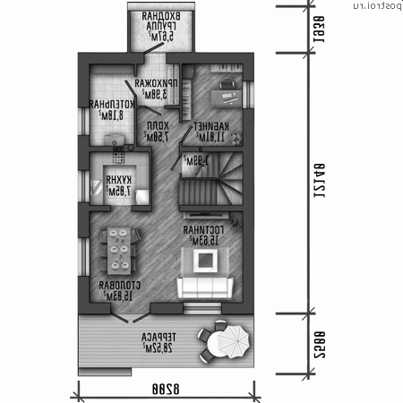 Y-148-1P проект двухэтажного дома из газобетона размером 8 на 12 - 1-й этаж Y-148-1P проект двухэтажного дома из газобетона размером 8 на 12 - 1-й этаж
