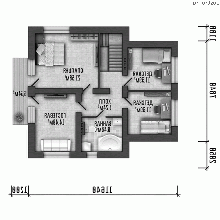 Y-150-2P проект двухэтажного коттеджа из пеноблоков размером 13 на 11 - 2-й этаж