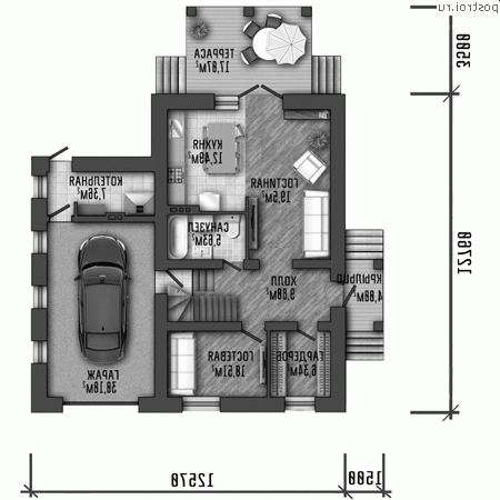 Y-167-1P проект двухэтажного дома из пеноблоков с гаражом размером 13 на 13 - 1-й этаж