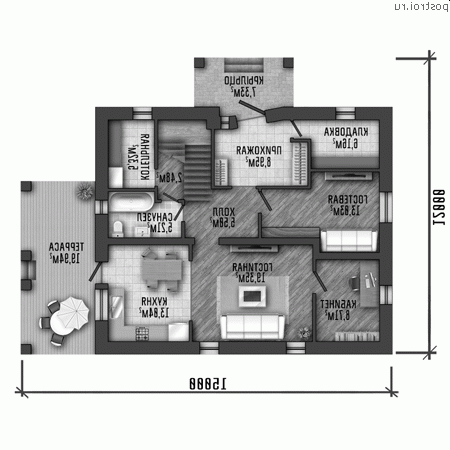 Y-188-1P проект двухэтажного дома из пеноблоков размером 15 на 12 - 1-й этаж Y-188-1P проект двухэтажного дома из пеноблоков размером 15 на 12 - 1-й этаж
