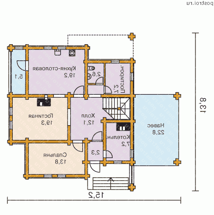 Y-196-1D проект двухэтажного деревянного дома из бревна с гаражом размером 14 на 15  - 1-й этаж