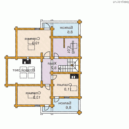 Y-196-1D проект двухэтажного деревянного дома из бревна с гаражом размером 14 на 15  - 2-й этаж