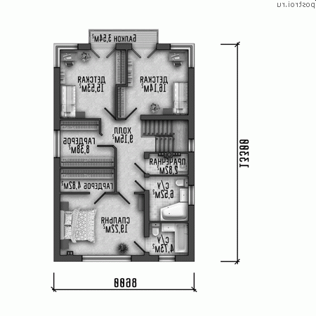 Y-204-1P проект двухэтажного дома из пенобетона размером 11 на 17 - 2-й этаж Y-204-1P проект двухэтажного дома из пенобетона размером 11 на 17 - 2-й этаж