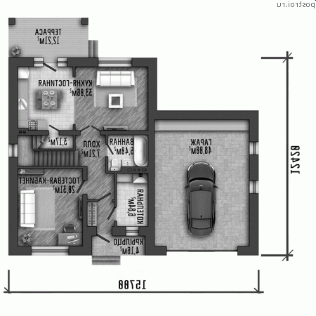 Y-214-1P проект двухэтажного дома из пенобетона с гаражом размером 16 на 12 - 1-й этаж