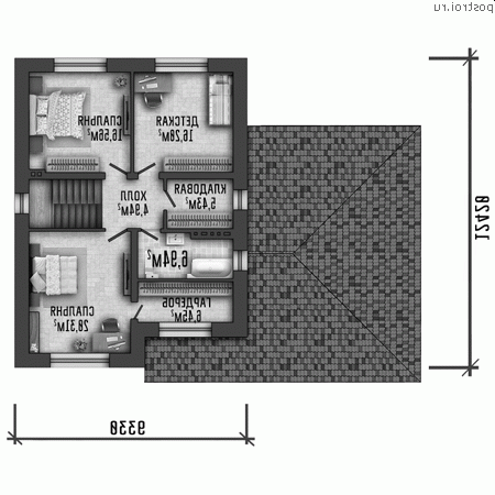 Y-214-1P проект двухэтажного дома из пенобетона с гаражом размером 16 на 12 - 2-й этаж