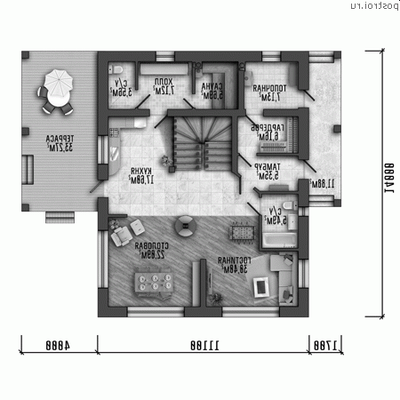 Y-218-1P проект двухэтажного дома из пенобетона размером 17 на 14 - 1-й этаж