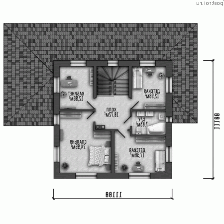 Y-218-1P проект двухэтажного дома из пенобетона размером 17 на 14 - 2-й этаж