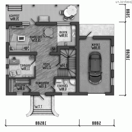 Y-220-1P проект двухэтажного дома из пенобетона с гаражом размером 16 на 11 - 1-й этаж Y-220-1P проект двухэтажного дома из пенобетона с гаражом размером 16 на 11 - 1-й этаж