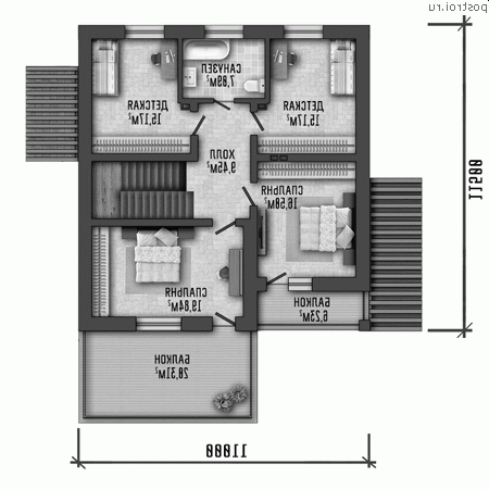 Y-224-1P проект двухэтажного коттеджа из газобетона размером 15 на 15 - 2-й этаж