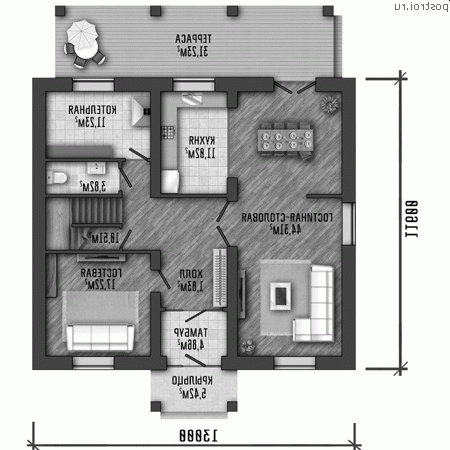 Y-229-1P проект двухэтажного коттеджа из газобетона размером 13 на 12 - 1-й этаж