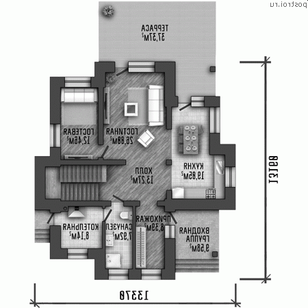 Y-230-1P проект двухэтажного коттеджа из газобетона размером 13 на 13 - 1-й этаж