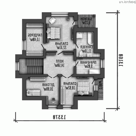 Y-230-1P проект двухэтажного коттеджа из газобетона размером 13 на 13 - 2-й этаж