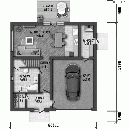 Y-233-1P проект двухэтажного дома из газобетона с гаражом размером 12 на 12 - 1-й этаж Y-233-1P проект двухэтажного дома из газобетона с гаражом размером 12 на 12 - 1-й этаж