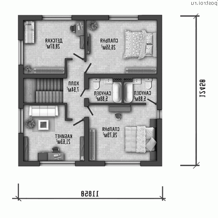Y-233-1P проект двухэтажного дома из газобетона с гаражом размером 12 на 12 - 2-й этаж Y-233-1P проект двухэтажного дома из газобетона с гаражом размером 12 на 12 - 2-й этаж